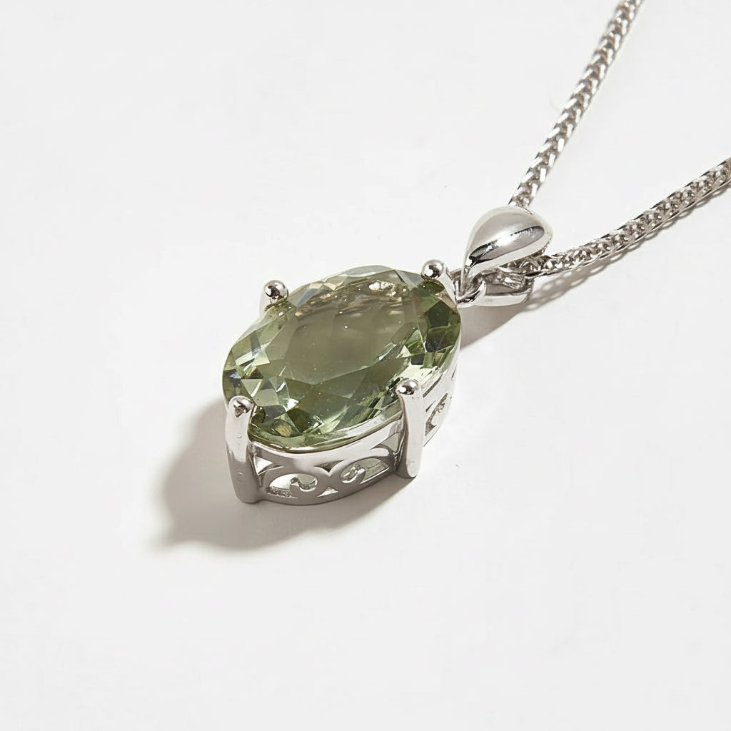Silver Natural Green Amethyst Gemstone Pendant Necklace