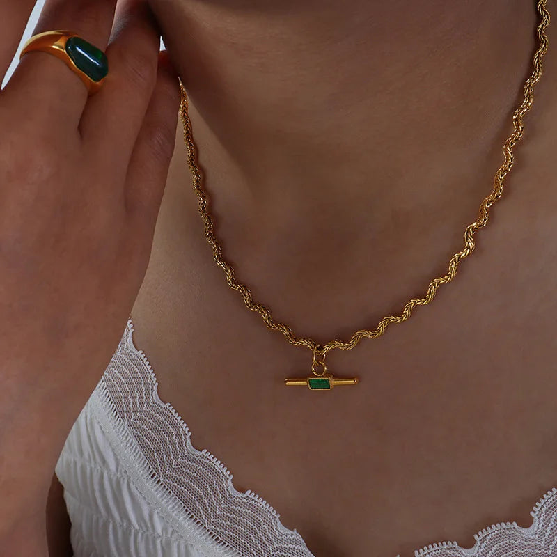 18k Gold Plated Stainless Steel Chain Green & Black Zircon Pendant Necklace