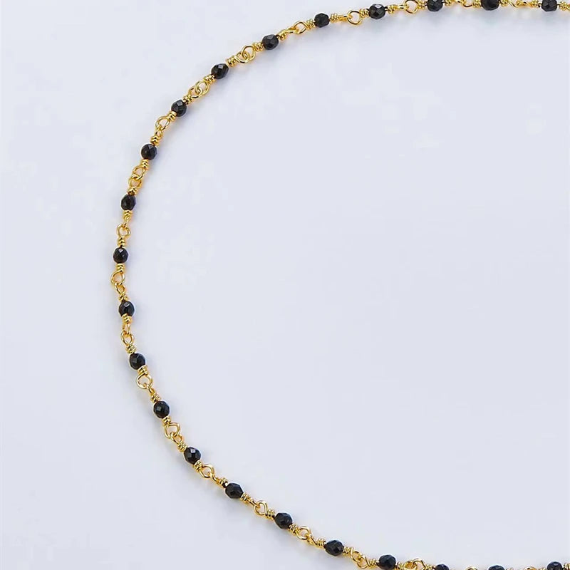 Onyx Black Agate 925 Silver Gold Plated Station Necklace, Minimalisti French Trendy Tiny Chain