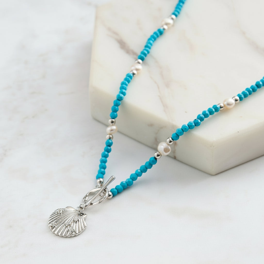 Silver Shell Pendant Necklace with Freshwater Pearl Turquoise - Ocean-Inspired Beach