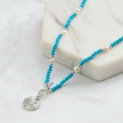 Silver Shell Pendant Necklace with Freshwater Pearl Turquoise - Ocean-Inspired Beach