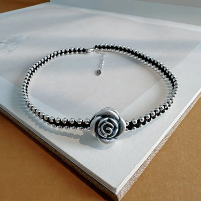 Vintage Silver Rose Flower Choker Necklaces, Hand Woven Double Layered Beads