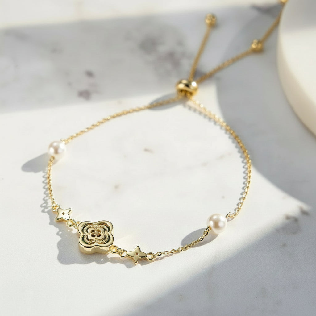 Silver Green Shell Four-Leaf Clover Bracelet O-Chain With Pearl