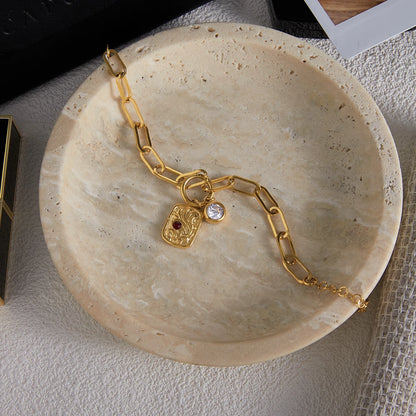 18K Gold Plated Link Charm Bracelet With Crystal & Baroque Pendant Tarnish Free