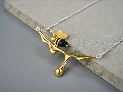 Handmade Gold Bee and Dripping Honey Pendant Necklace with Earrings Set