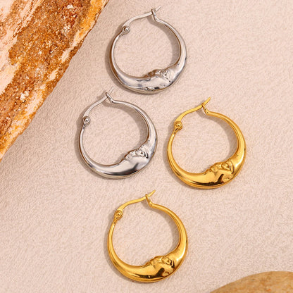 18K Gold Plated Stainless Steel Moon Hoop Earrings – Unique Waterproof Statement