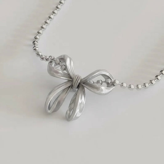 Silver Cylinder-shaped Beaded Chain with Butterfly Bowkont Charm Pendant
