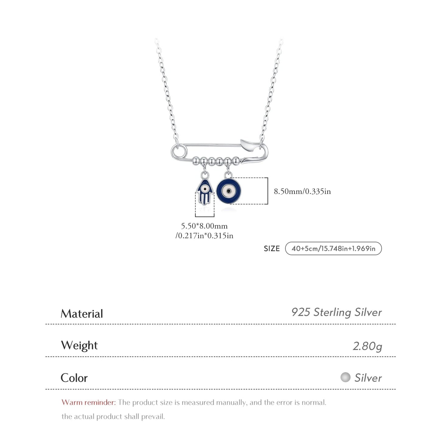 Silver Blue Enamel Eyes & Palm Charms Pendant Necklace