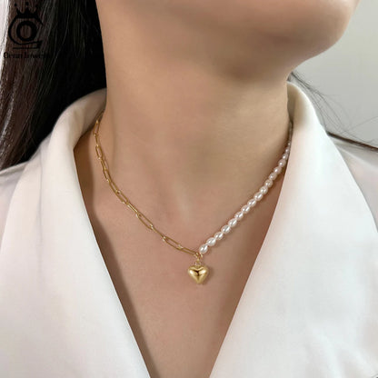 14K Gold Natural Pearl Necklace with Half Paperclip Link Chain Heart Pendant
