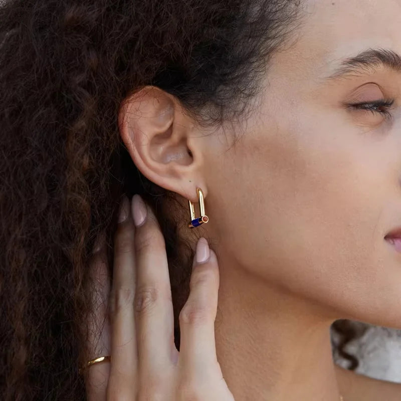 French Trendy Silver and Gold-Plated Lapis Lazuli Huggie U-Hoop Earrings