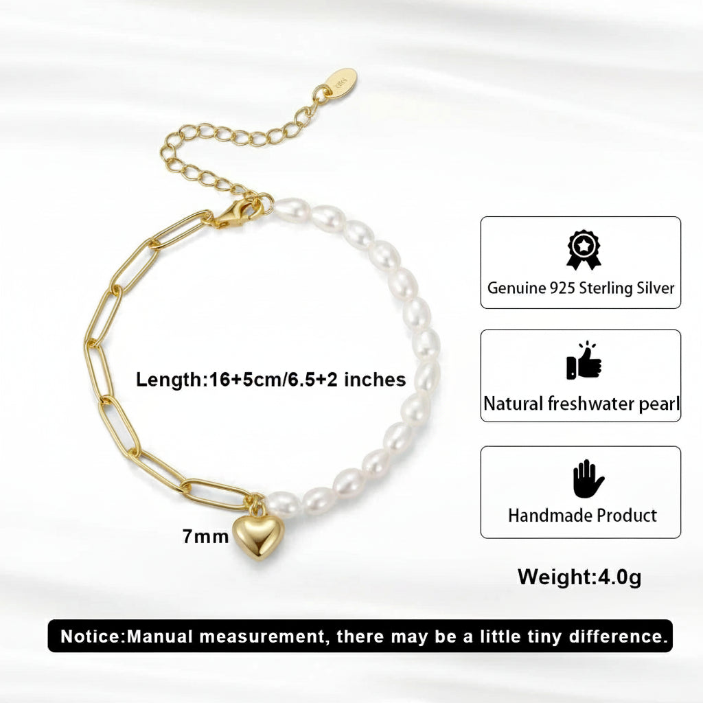 Handmade Silver Paperclip Link Pearl Chain Bracelet with Heart Pendant