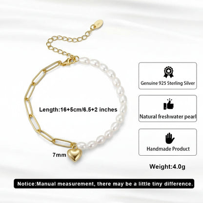 Handmade Silver Paperclip Link Pearl Chain Bracelet with Heart Pendant