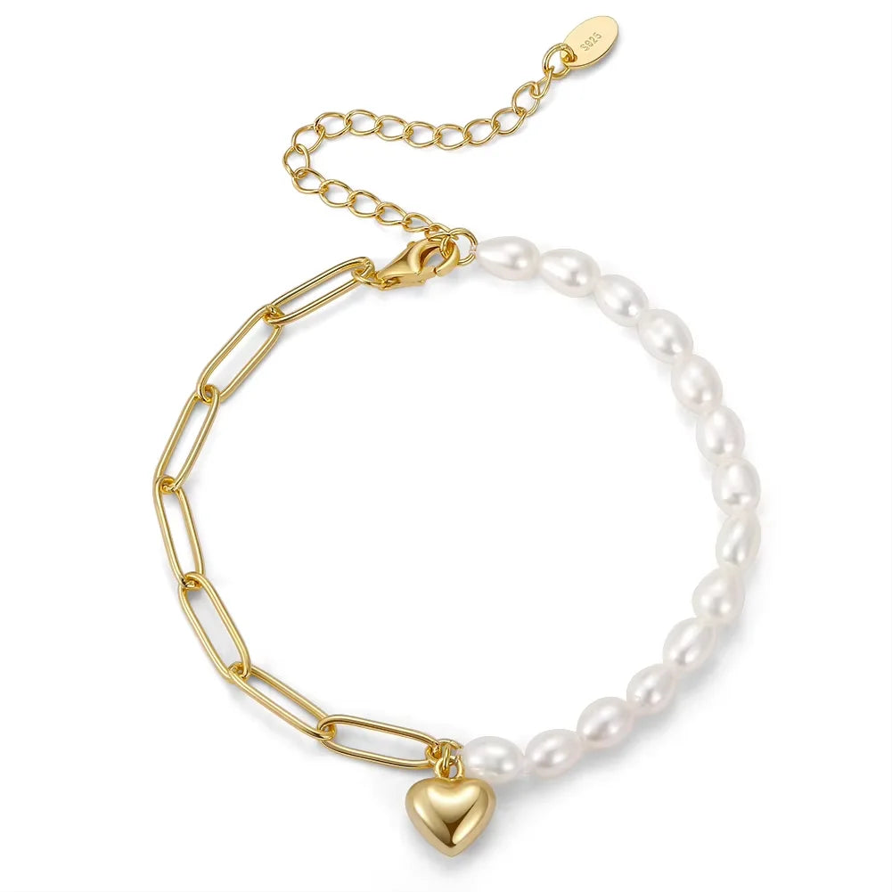 Handmade Silver Paperclip Link Pearl Chain Bracelet with Heart Pendant