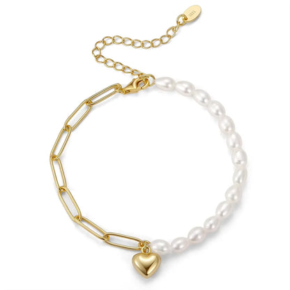 Handmade Silver Paperclip Link Pearl Chain Bracelet with Heart Pendant
