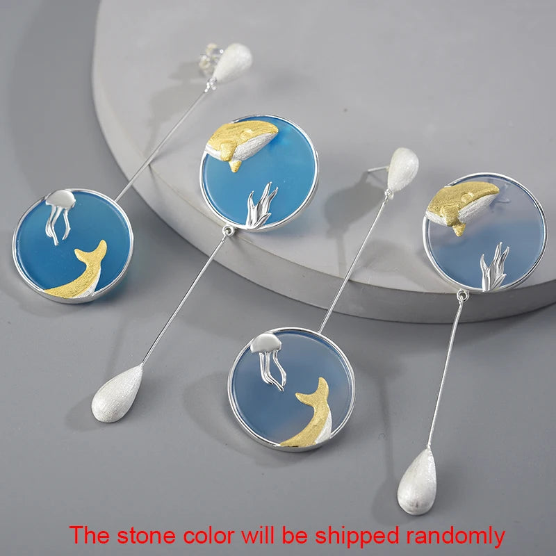 Silver Underwater World Whale Asymmetrical Long Drop Earrings