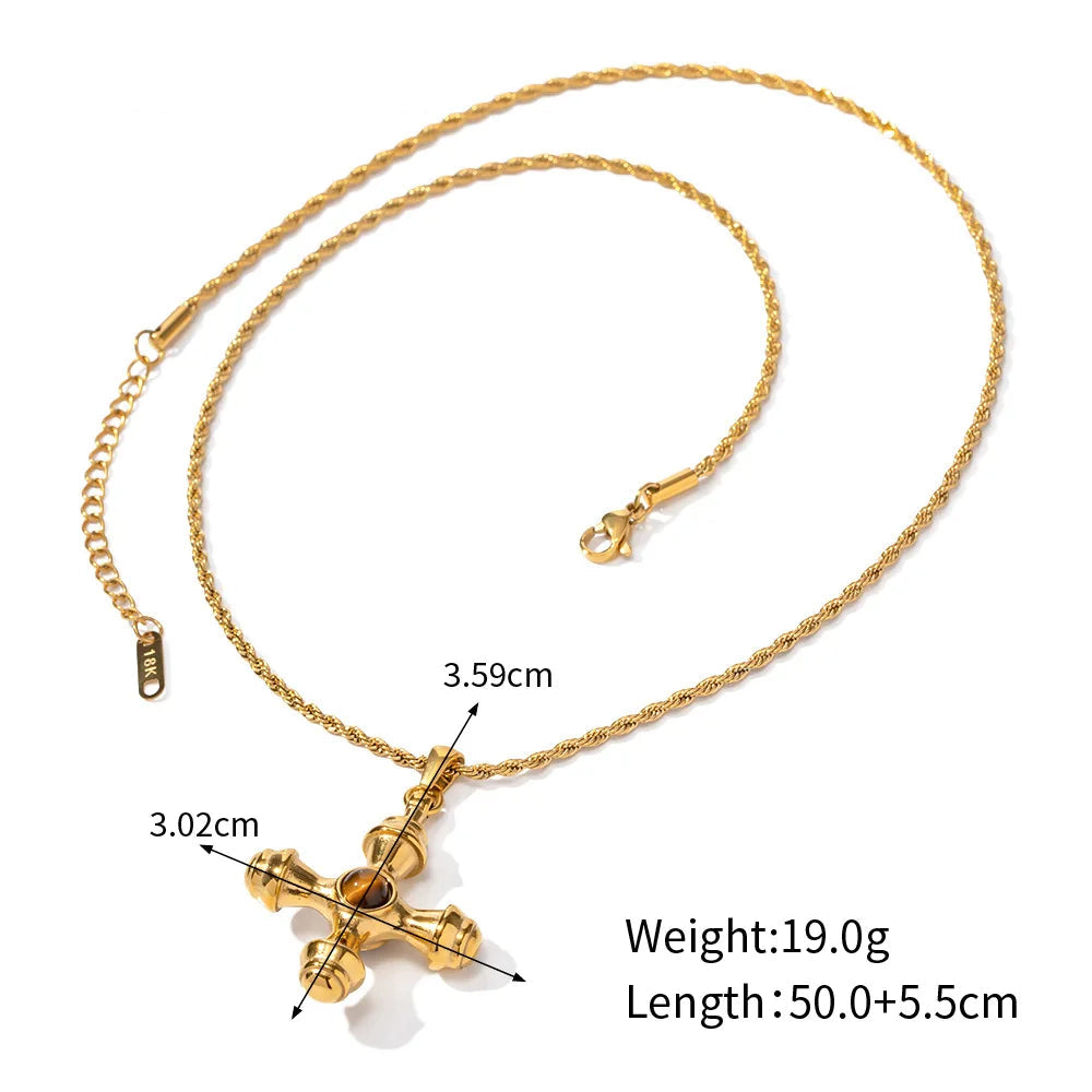 18K Gold Plated Stainless Steel Cross Pendant with Natural Stone Inlay