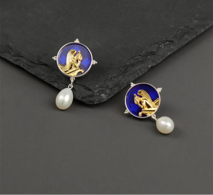 Silver Blue Glass Pearl Dangle Earrings