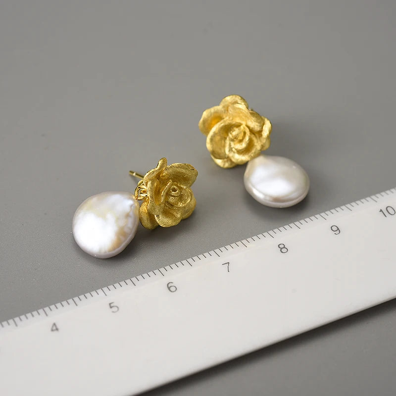 Silver Pearl Camellia Flower Dangle Earrings