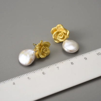 Silver Pearl Camellia Flower Dangle Earrings