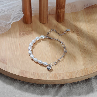 Handmade Silver Paperclip Link Pearl Chain Bracelet with Heart Pendant