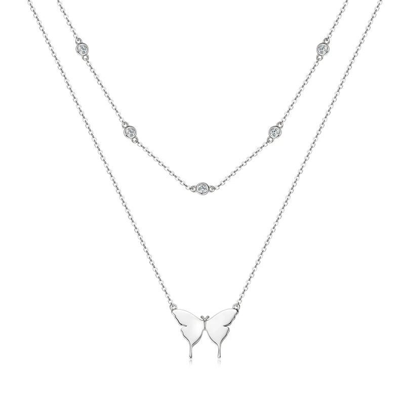 Silver Double Layer Butterfly Moissanite Pendant Necklace