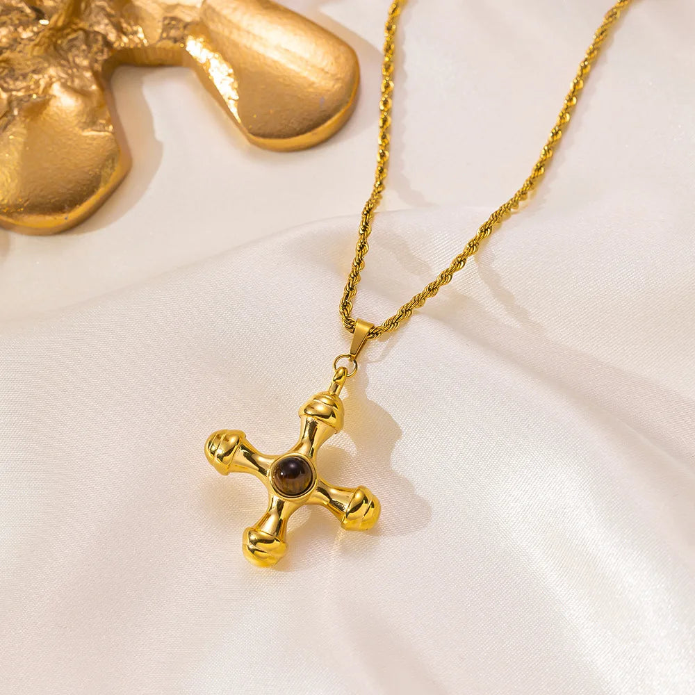 18K Gold Plated Stainless Steel Cross Pendant with Natural Stone Inlay