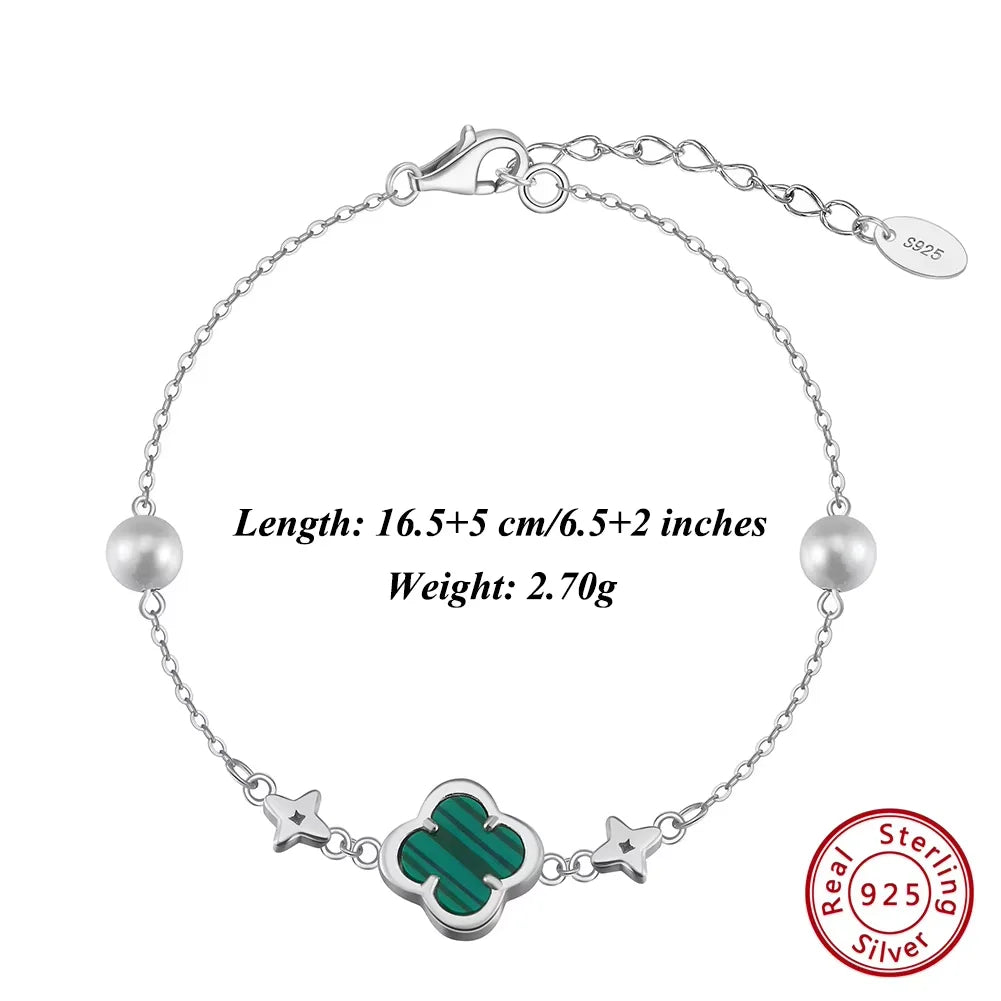 Silver Green Shell Four-Leaf Clover Bracelet O-Chain With Pearl