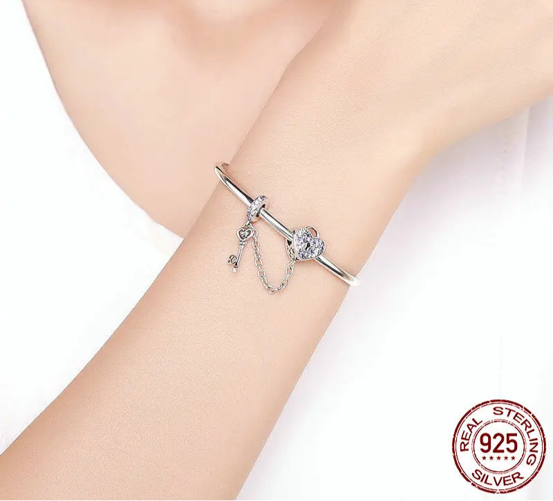 Silver Heart Lock Beads Charm Bangles, Bracelet