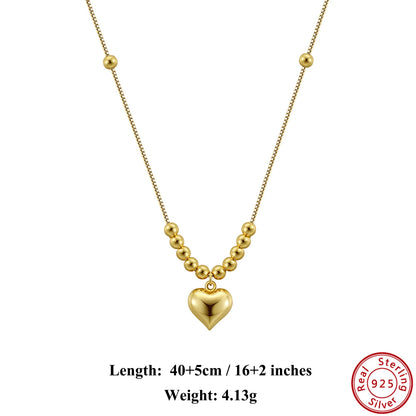 925 Silver Heart Pendant Necklace – 14K Gold Plated with Dainty Snake Chain & Sparkling Beads