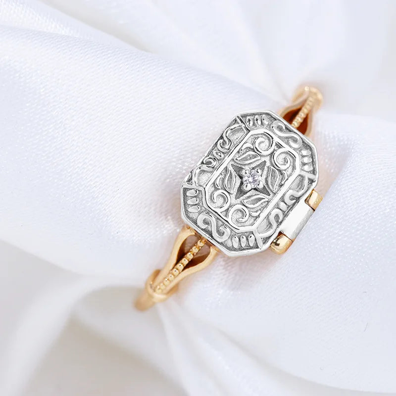 Vintage 925 Sterling Silver Gold Vermeil Ring for Women – Retro Pattern Box Design