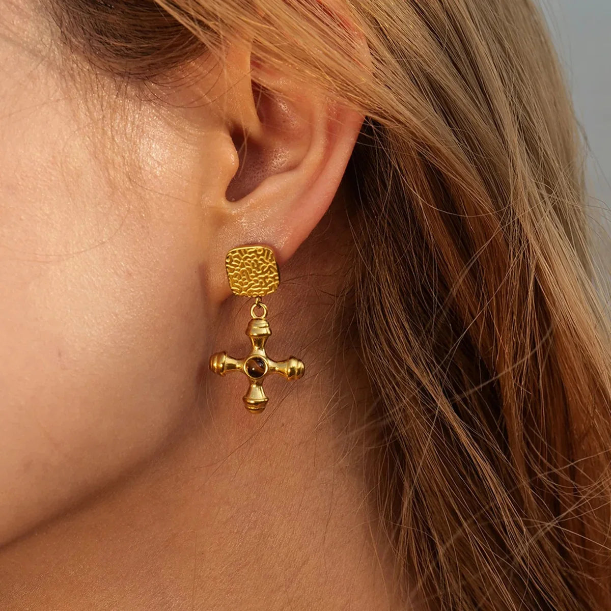 18K Gold Plated Stainless Steel Cross Earrings Stud
