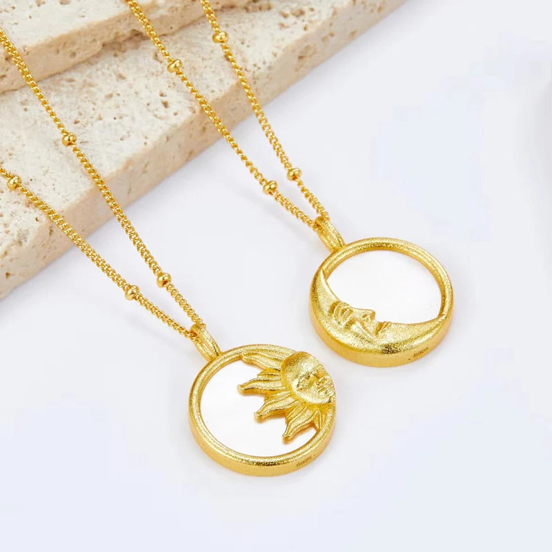 White Mother of Pearl, Silver Gold Plated Round Disc Pendant Sun and Moon Necklace