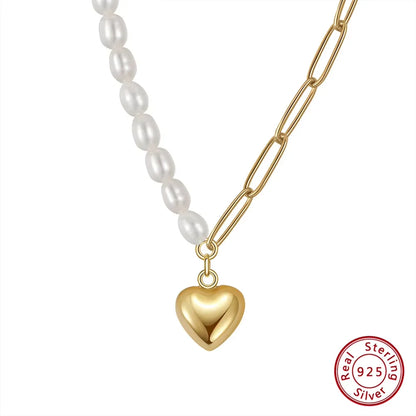 14K Gold Natural Pearl Necklace with Half Paperclip Link Chain Heart Pendant