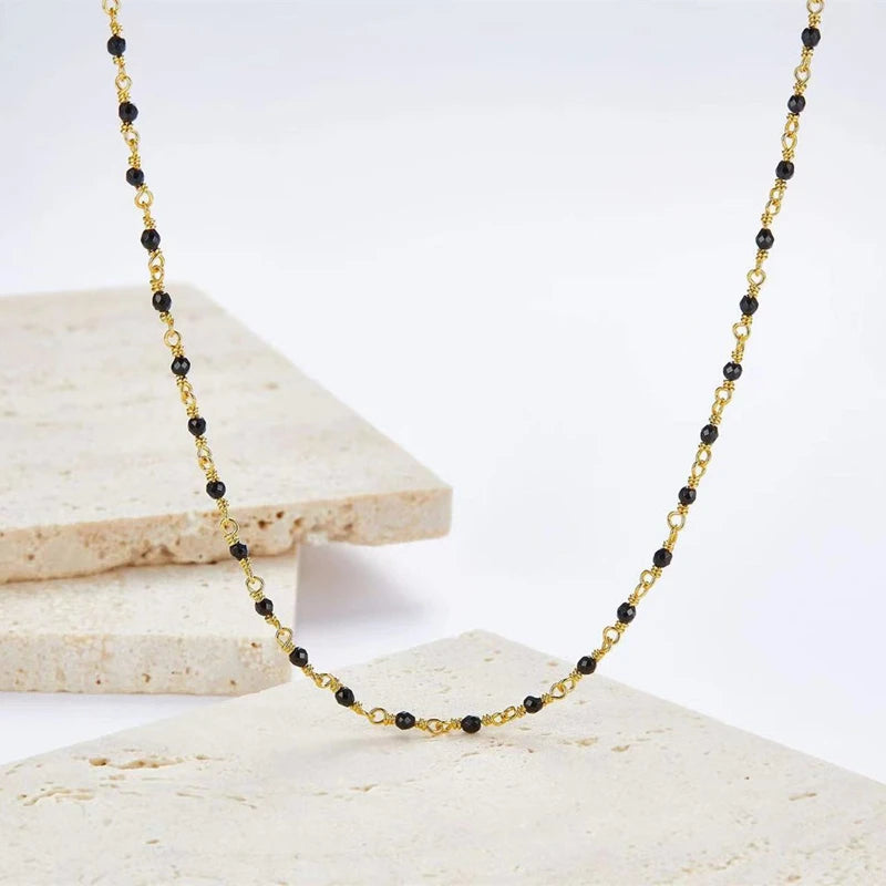 Onyx Black Agate 925 Silver Gold Plated Station Necklace, Minimalisti French Trendy Tiny Chain