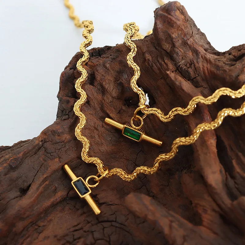 18k Gold Plated Stainless Steel Chain Green & Black Zircon Pendant Necklace