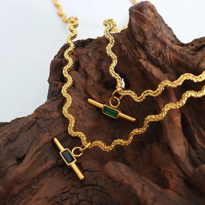 18k Gold Plated Stainless Steel Chain Green & Black Zircon Pendant Necklace