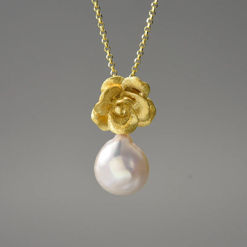 Natural Baroque Pearl Camellia Flower 925 Sterling Silver Pendant with Chain