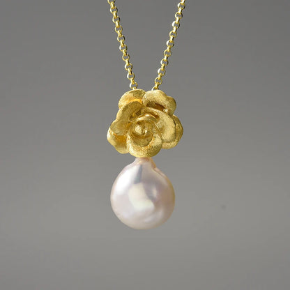 Natural Baroque Pearl Camellia Flower 925 Sterling Silver Pendant with Chain