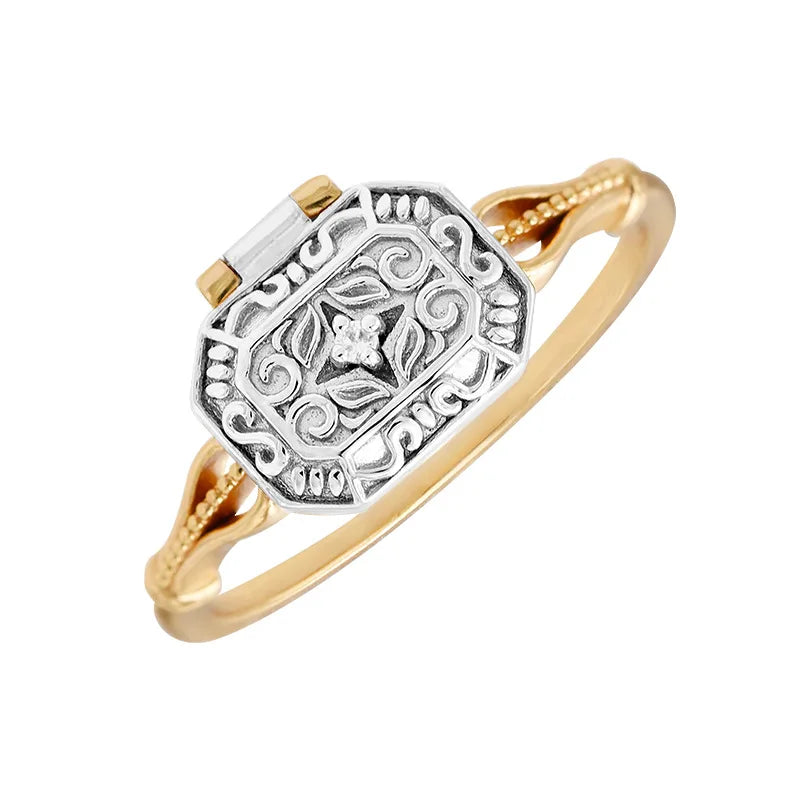 Vintage 925 Sterling Silver Gold Vermeil Ring for Women – Retro Pattern Box Design
