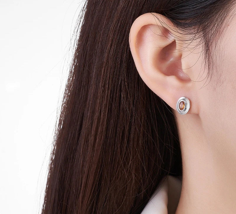 Silver Inlaid with Natural Citrine Classic Oval Shaped Earrings & Pendant