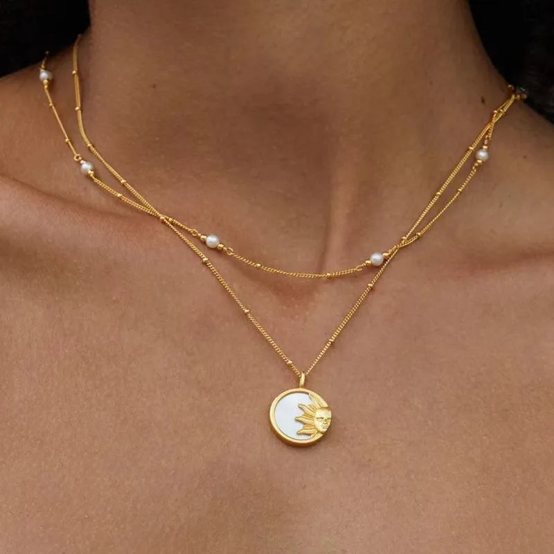 White Mother of Pearl, Silver Gold Plated Round Disc Pendant Sun and Moon Necklace
