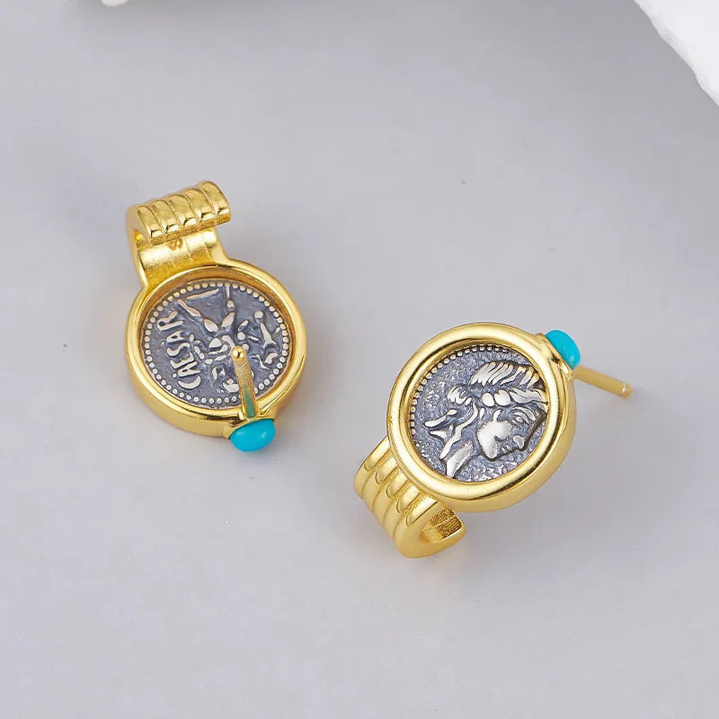 Silver Two Tone Double Sided Relief Portrait Stud Earrings