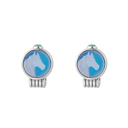 Silver Blue Agate Little White Horse Ear Studs