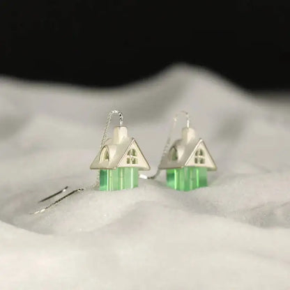 Silver Colorful Crystal Glass Cute Cabin Shaped Designer Dangle Earrings