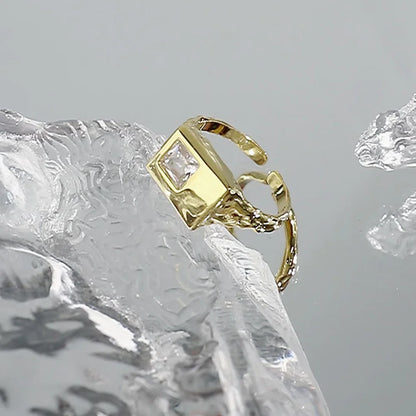Adjustable 925 Sterling Silver Gold Square‑Gem Ring with Crystal Shine