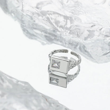 Adjustable 925 Sterling Silver Gold Square‑Gem Ring with Crystal Shine