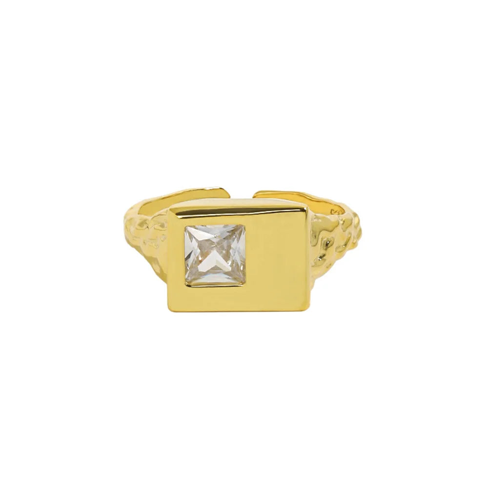 Adjustable 925 Sterling Silver Gold Square‑Gem Ring with Crystal Shine