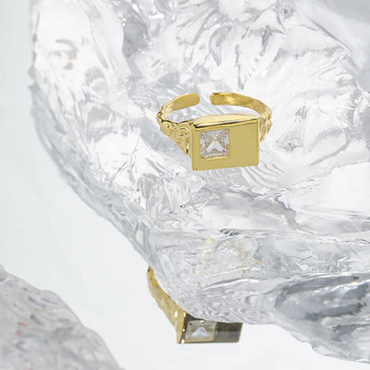 Adjustable 925 Sterling Silver Gold Square‑Gem Ring with Crystal Shine