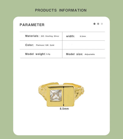 Adjustable 925 Sterling Silver Gold Square‑Gem Ring with Crystal Shine