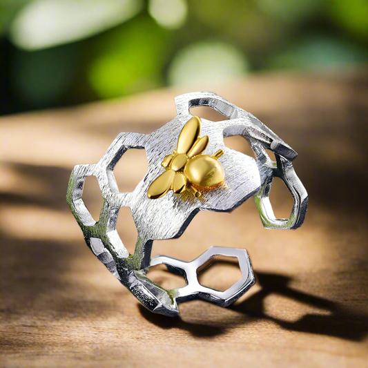 Silver Honeycomb Ring with a Gold Bee